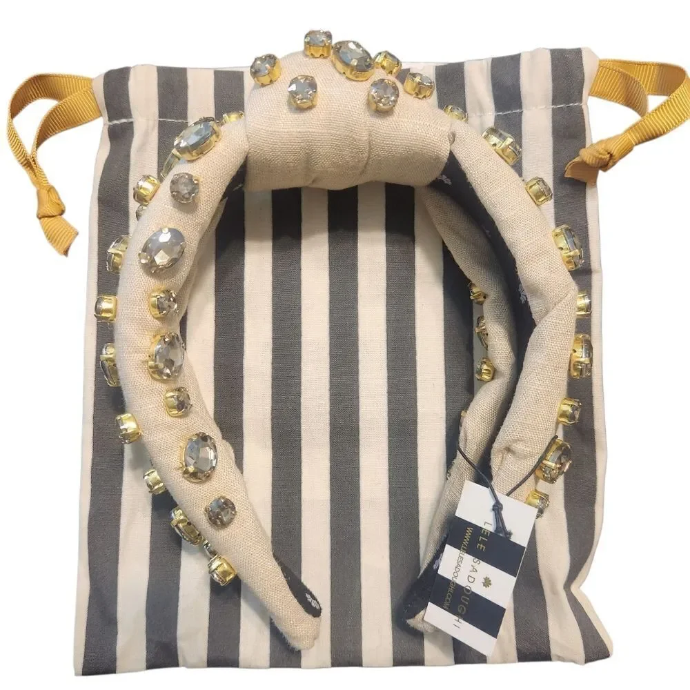 New Lele Sadoughi Natural Embellished Linen Knotted Headband